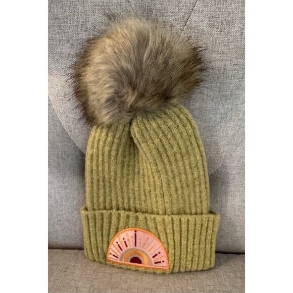 HaT Accessories - Virginia Wolf Sunray Beanie Hat Faux Fur Snap on Pom Gold Mustard Knit Beachly